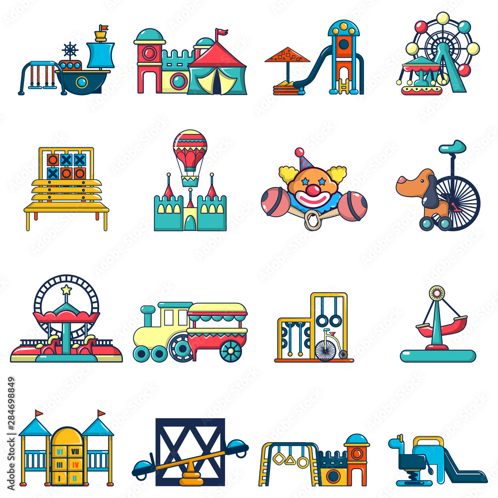 Poster children playground icons set. cartoon set of 16 children playground vector icons for web isolated o