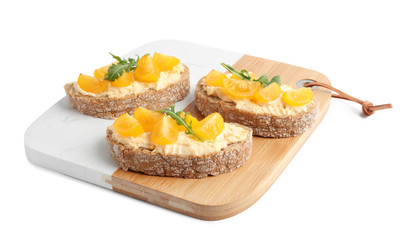 Tasty fresh tomato bruschettas on white background