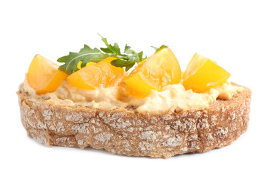 Tasty fresh tomato bruschetta on white background
