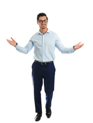 Young male teacher with glasses on white background