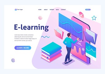 Isometric concept Man watching a lesson on the website, online training, e-learning. Mobile Application for training. Landing page template for the site