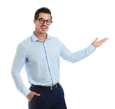 Young male teacher with glasses on white background Stock Photo | Adobe  Stock