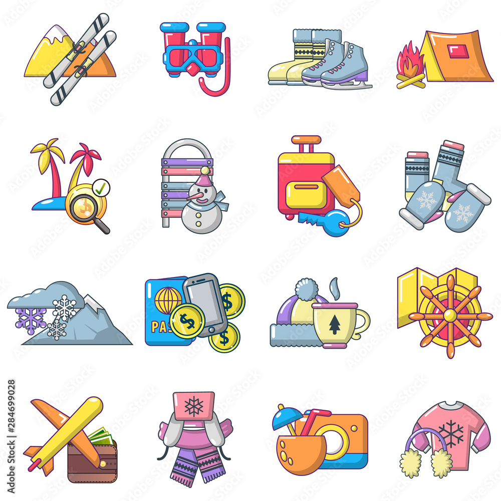 Poster recreational activity icons set. cartoon set of 16 recreational activity vector icons for web isolat