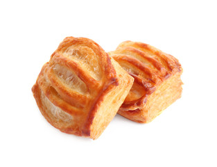 Fresh tasty puff pastry on white background