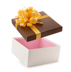 Open empty gift box with bow on white background