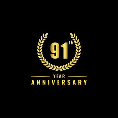 Vector illustration of a birthday logo number 91 with gold color, can be used as a logo for birthdays, leaflets and corporate birthday brochures. - Vector