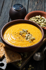 pumpkin soup with toasts, closeup