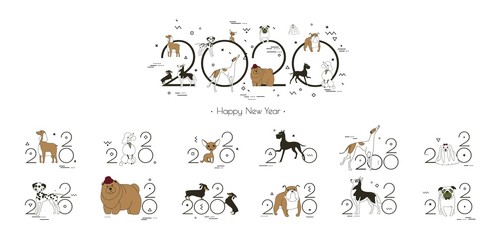 2020 dog calendar, Creative headline and 12 logos with different breeds of dogs. Minimal, Sketch style, Isolated on white background, Vector illustration