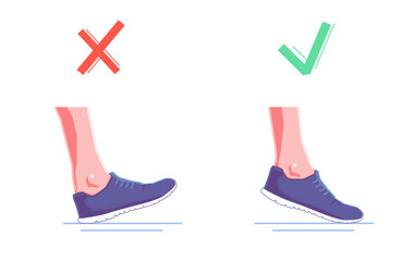 right and wrong foot position when running. Natural running. Healthy steps of run concept. Vector flat isolated illustration.