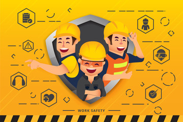 Construction workers and engineers team working together and network of concepts : Work Safety