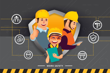 Construction workers and engineers team working together and network of concepts : Work Safety