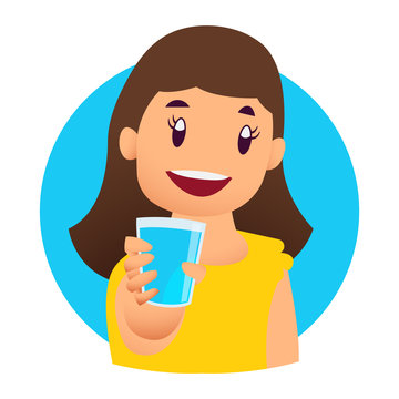 Smiling girl kids enjoying drinking water holding glasses. Happy, kids drinking water hydrating. Children cartoon characters. Flat style vector illustration