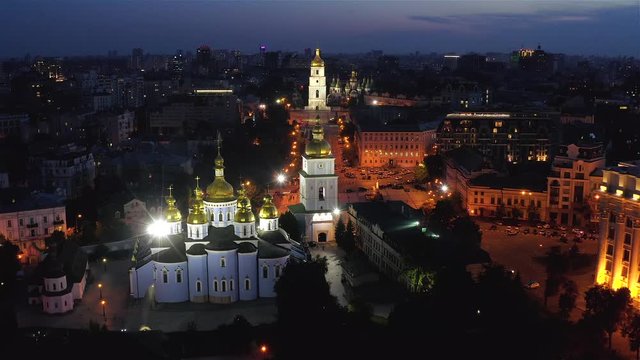 Aerial view of St. Michael's Cathedral and St. Sophia Cathedral at night