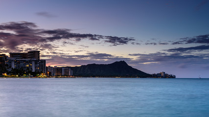 A view of Diamond Head, Waikiki beach, Honolulu, Hawaii, at sun rise