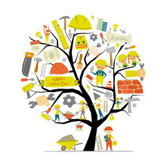 Builder's day. Greeting card with concept tree for your design