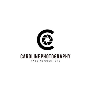 Illustration of abstract letter C sign with a photo camera lens inside logo design