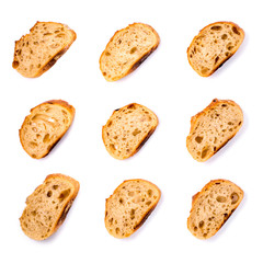 Pattern with pieces of white bread isolated on white background. Top view.
