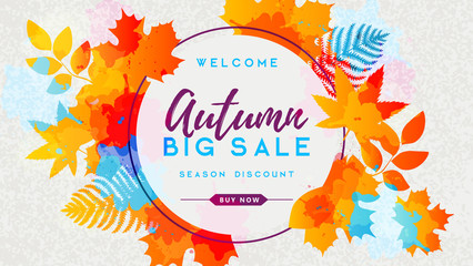 Autumn big sale watercolor poster with autumn leaves. Autumn background - obrazy, fototapety, plakaty