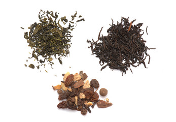 Set of Green Tea, Black Tea,  Spices for mulled wine isolated on white Background