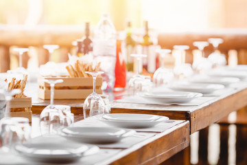 Catering service. Table setting, glass goblets, cutlery