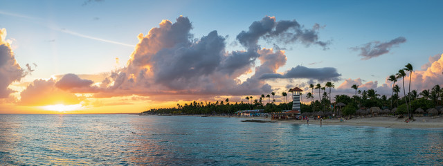 Panorama of dramatic sunset at Bayahibe Beach, La Romana, Dominican republic. - 284704099