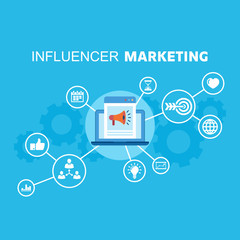 Influence marketing flat vector illustration concept. Marketing communication content strategy.