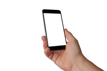 A white man holding a blank screen smartphone on white background