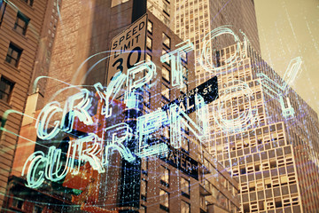 Double exposure of crypto currency theme hologram drawing and city veiw background. Concept of...