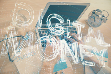 Blockchain theme hologram with man working on computer on background. Concept of crypto chain. Double exposure.