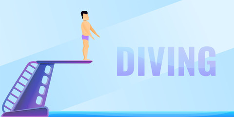 Man diving board concept banner. Cartoon illustration of man diving board vector concept banner for web design