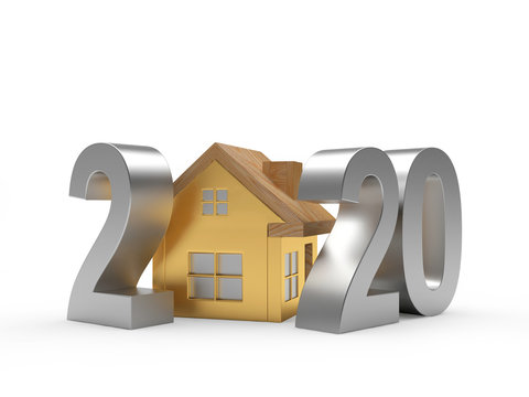 2020 New Year Silver Numbers And Golden House Icon On White. 3D Illustration	