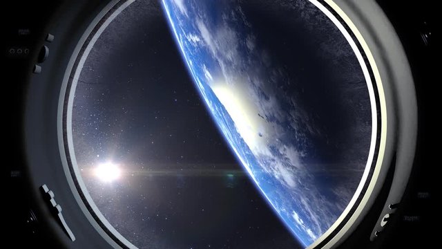A view of the Earth through the porthole of a international space station. The spacecraft is approaching the earth. Realistic atmosphere. 3D Volumetric clouds. ISS.