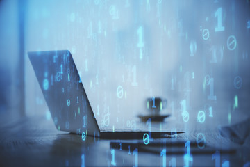 Naklejka premium Double exposure of table with computer on background and data theme drawing. Concept of innovation.