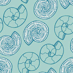 Turquoise shells seamless pattern. Background with spiral ornament. Seashells pattern for textile design. Wallpaper print.