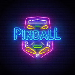 Pinball neon sign, bright signboard, light banner. Pinball logo neon, emblem. Vector illustration