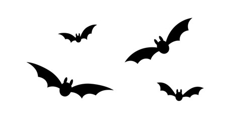 Bats icon set. Bat black silhouette with wings isolated white background. Symbol Halloween holiday, mystery cartoon dark vampire, night flyin element. Spooky scary flat design. Vector illustration