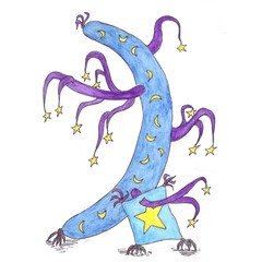 Fictional fantasy tree of blue color, decorated with stars and months from a long pillow, like a trunk, a square pillow, like roots, with purple branches with yellow stars in the form of foliage.