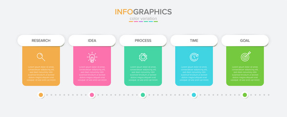 Concept of arrow business model with 5 successive steps. Five colorful rectangular elements. Timeline design for brochure, presentation. Infographic design layout.