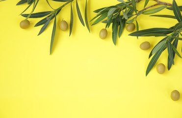 Fototapeta na wymiar Flat lay. Olive leaves with green olives on a yellow background. Healthy food Mediterranean diet. Pattern, background, texture. With copy space Top view. Abstract background .
