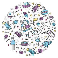 Astronaut in the space doodle logo. Vector hand drawn doodles cartoon set of space objects and symbols. Mug space print. Cosmos. Future and universe concept - vector.