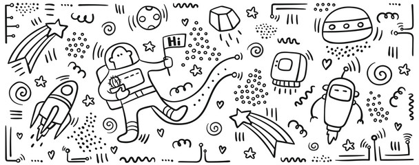 Astronaut doodle print. Set of space objects and symbols. Planets and ships. Space doodles. Future concept with astronaut, planets,spaceships. Universe concept - vector.