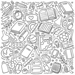 Back to school outline set. School supplies and tools. First day of school. Education collection icons in line. Pen, pencil, book, ball, globe, ball, backpack, chemistry flasks, brush, ruler - vector