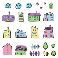 Doodle home set color. Hand drawn house vector set. Cartoon style vector illustration. Fun houses.