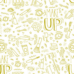 Make up doodle pattern with lipstick, cream, mascara, powder, shades, brush, handwritten lettering. Text, make up and cosmetics symbols. Beauty make up fashion doodle logo. Cosmetics vector