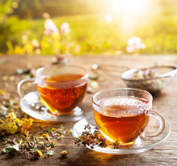 Cups of herbal tea with various herbs at sunset