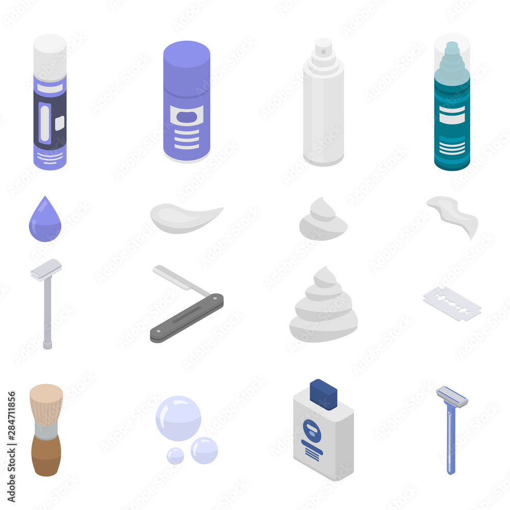 Poster shaving foam icons set. isometric set of shaving foam vector icons for web design isolated on white 