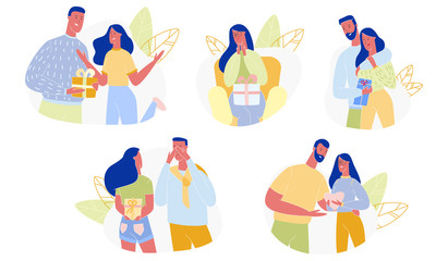 Loving Couple Presenting Gifts Set. Happy People Cartoon