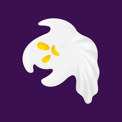 Ghost characters. A creepy white spirit flies with a scary and sweet face. Cartoon and flat style. Vector illustration on white background.