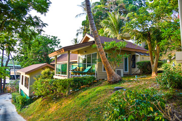 Tropical villa view with garden. Luxury house in Thailand island.