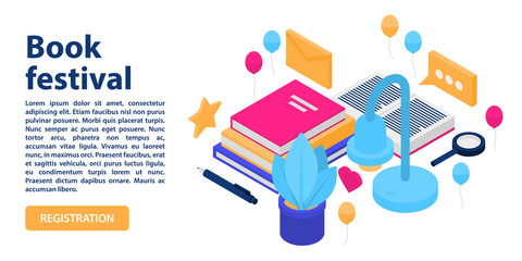 Book festival concept banner. Isometric illustration of book festival vector concept banner for web design